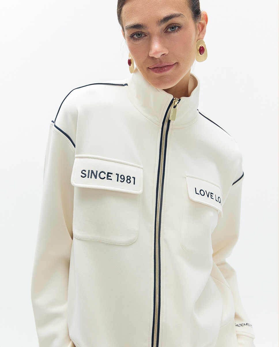 Sweatshirt de Fecho Zip com Gola Alta e Bolsos Cru-2