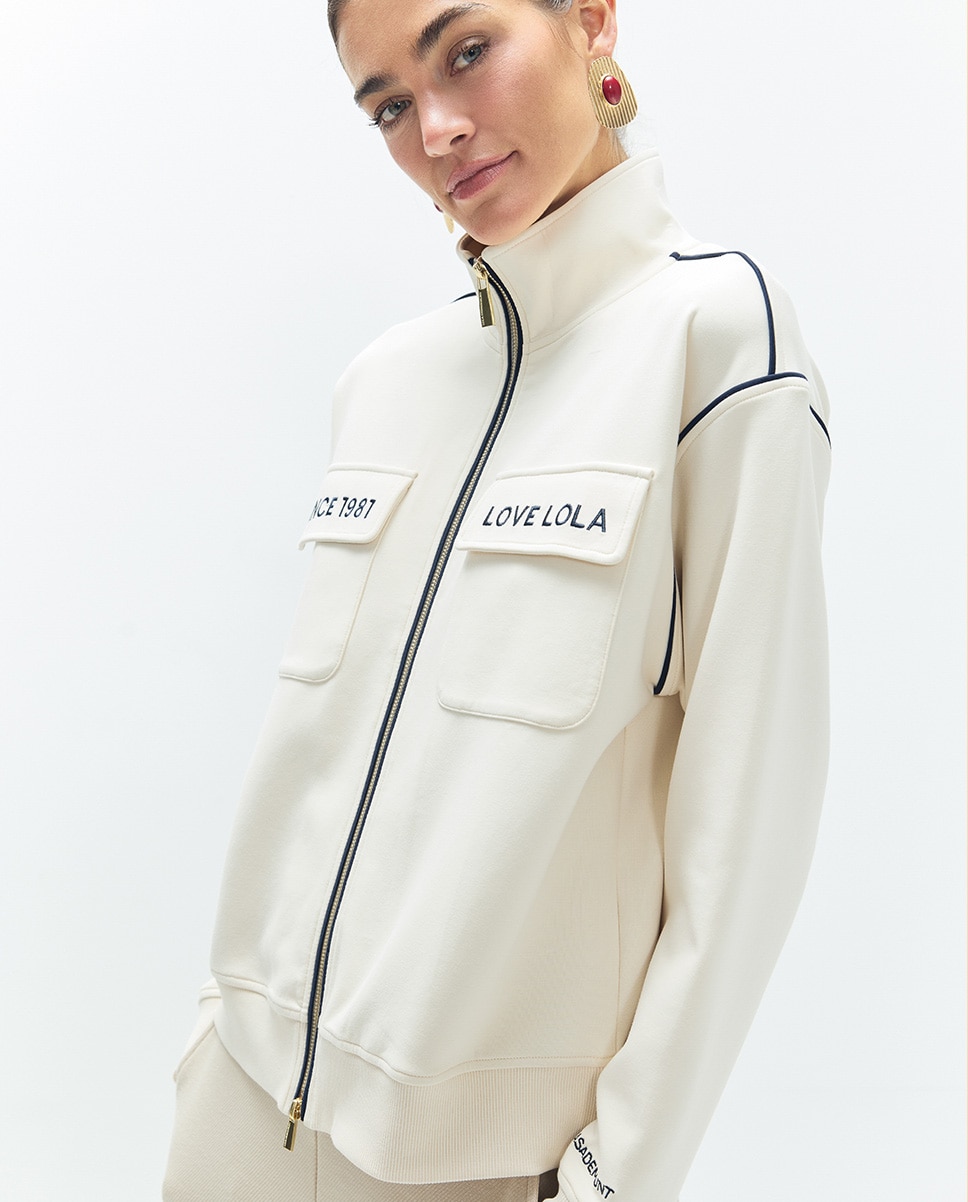 Sweatshirt de Fecho Zip com Gola Alta e Bolsos Cru-4