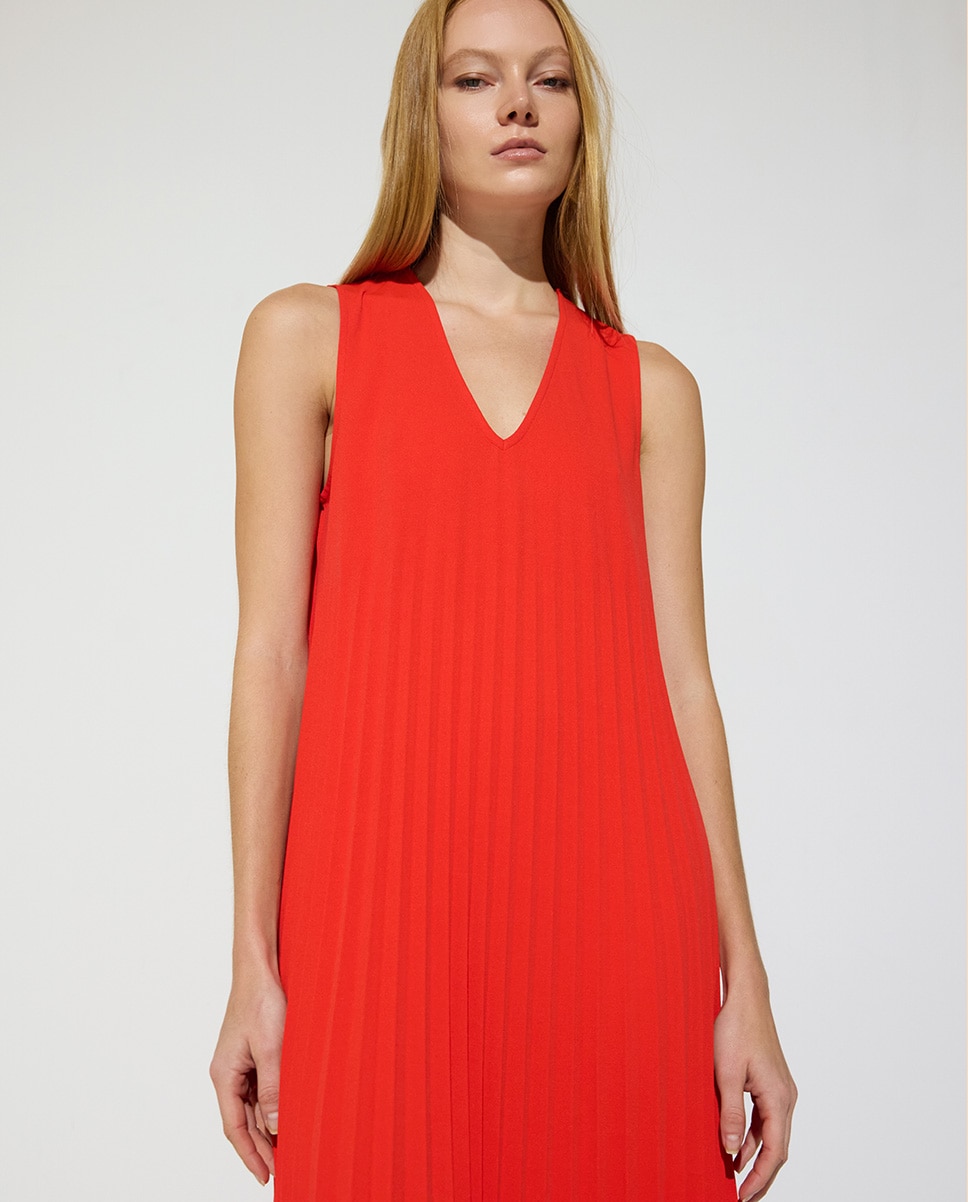 Vestido Comprido Plissado sem Mangas com Gola em V Vermelho-2