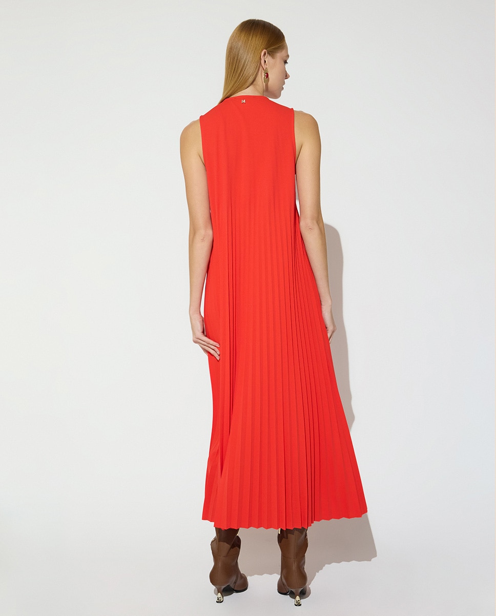 Vestido Comprido Plissado sem Mangas com Gola em V Vermelho-3