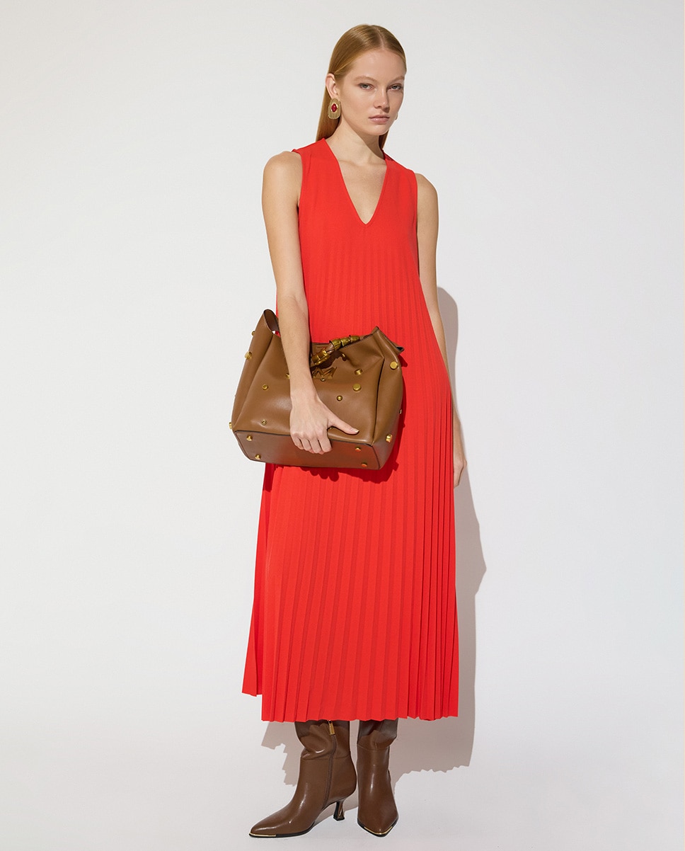 Vestido Comprido Plissado sem Mangas com Gola em V Vermelho-4