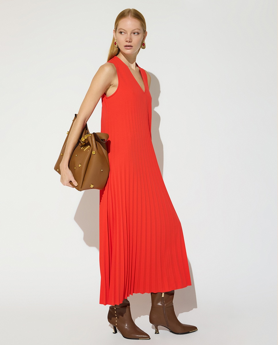Vestido Comprido Plissado sem Mangas com Gola em V Vermelho-5