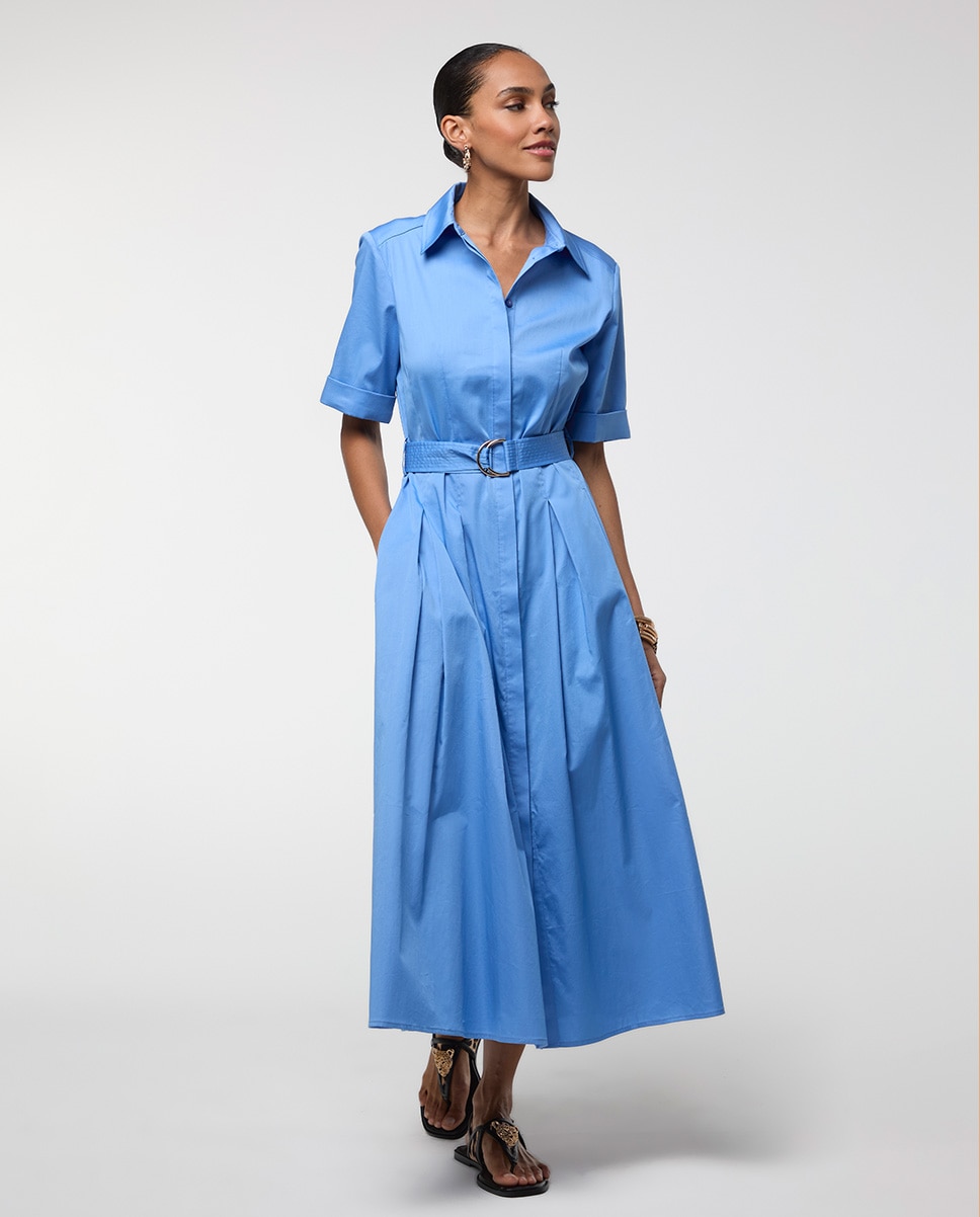 Vestido Comprido em Popelina com Saia Evasé Azul-2