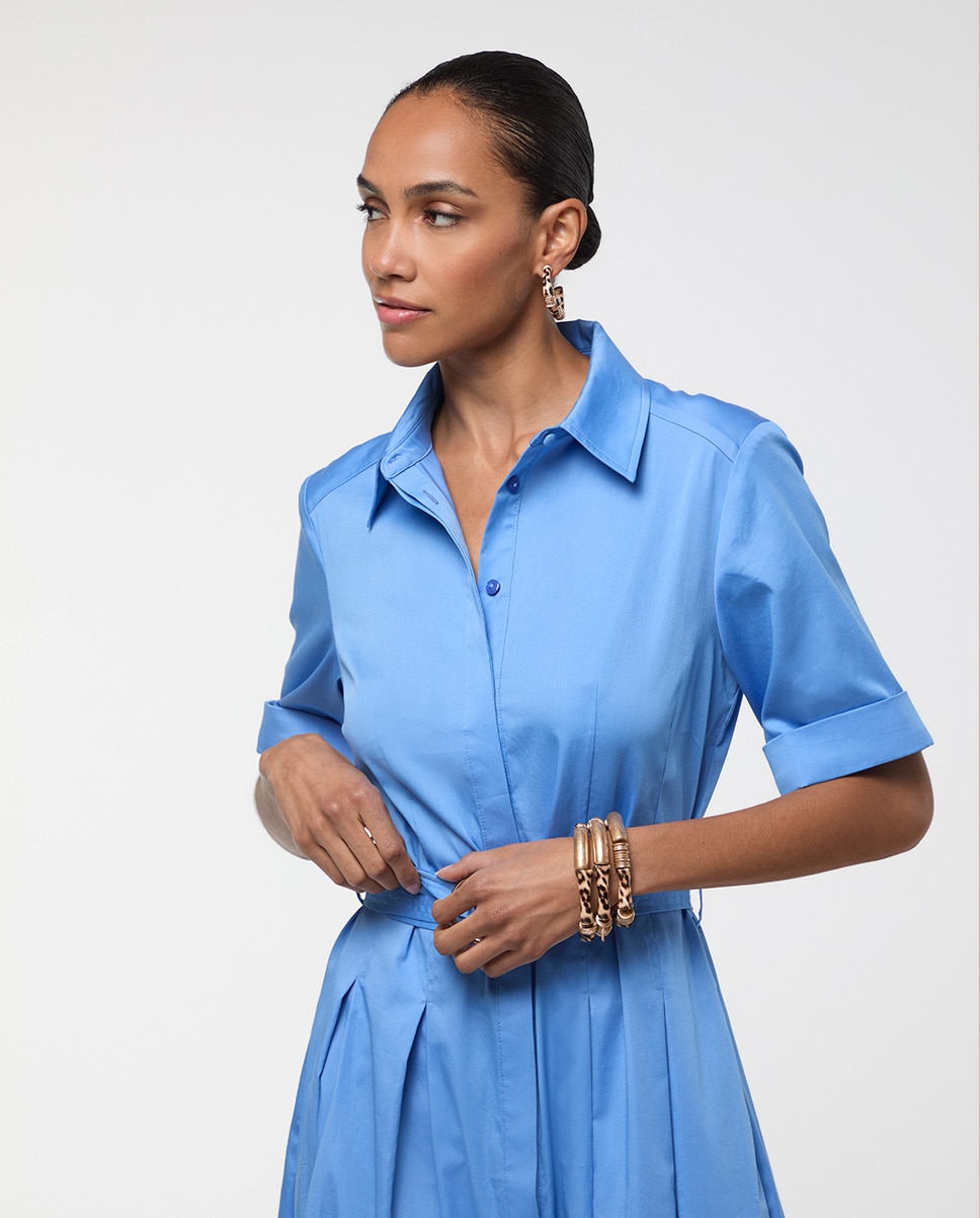Vestido Comprido em Popelina com Saia Evasé Azul-3