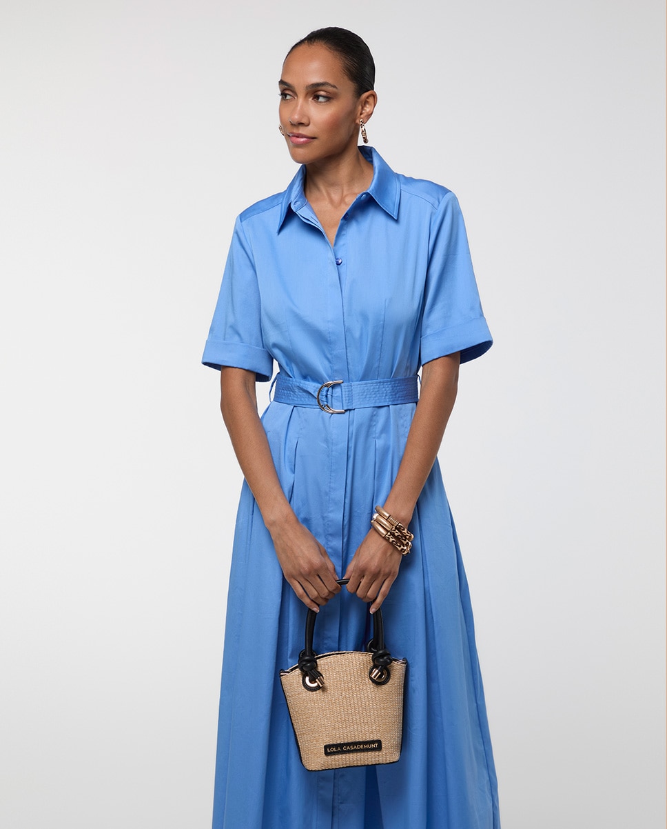 Vestido Comprido em Popelina com Saia Evasé Azul-4