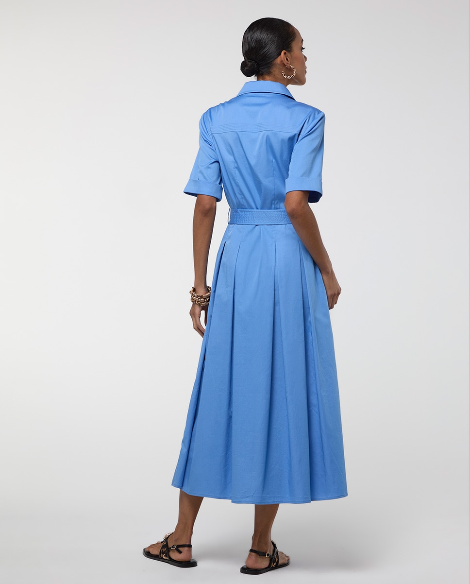 Vestido Comprido em Popelina com Saia Evasé Azul-5