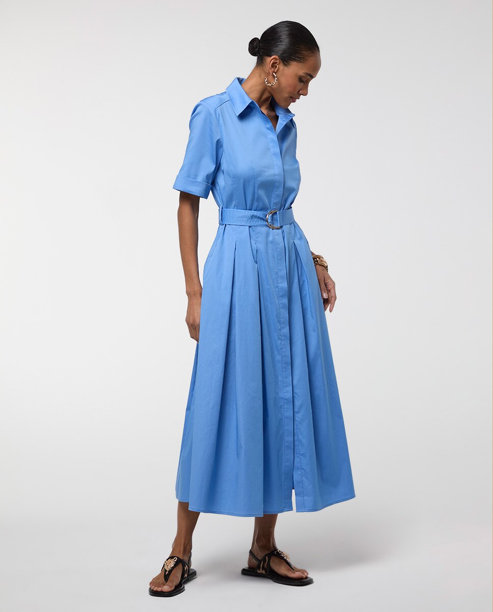 Vestido Comprido em Popelina com Saia Evasé Azul-6