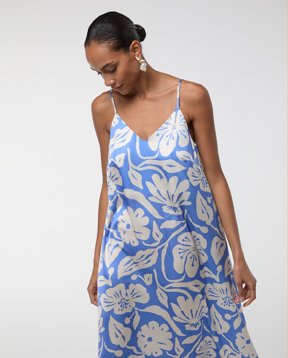 Vestido Comprido de Alças em Tecido Acetinado Azul-2