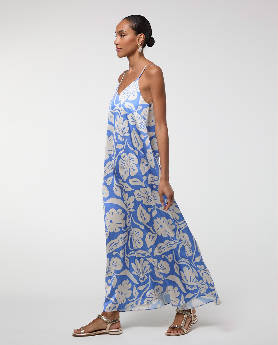 Vestido Comprido de Alças em Tecido Acetinado Azul-4