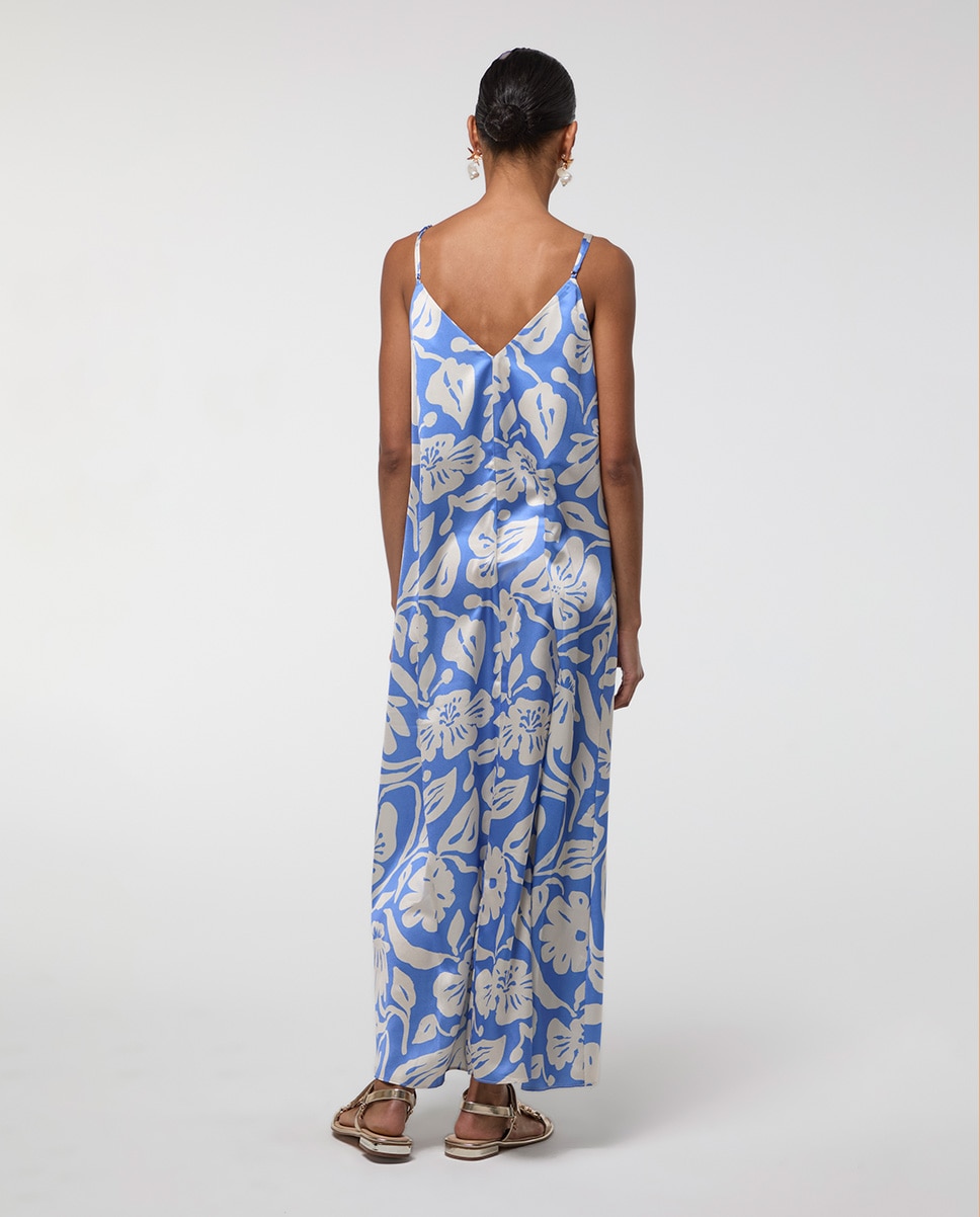 Vestido Comprido de Alças em Tecido Acetinado Azul-5