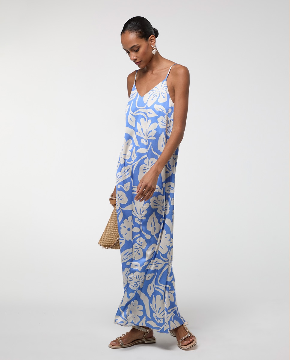 Vestido Comprido de Alças em Tecido Acetinado Azul-6