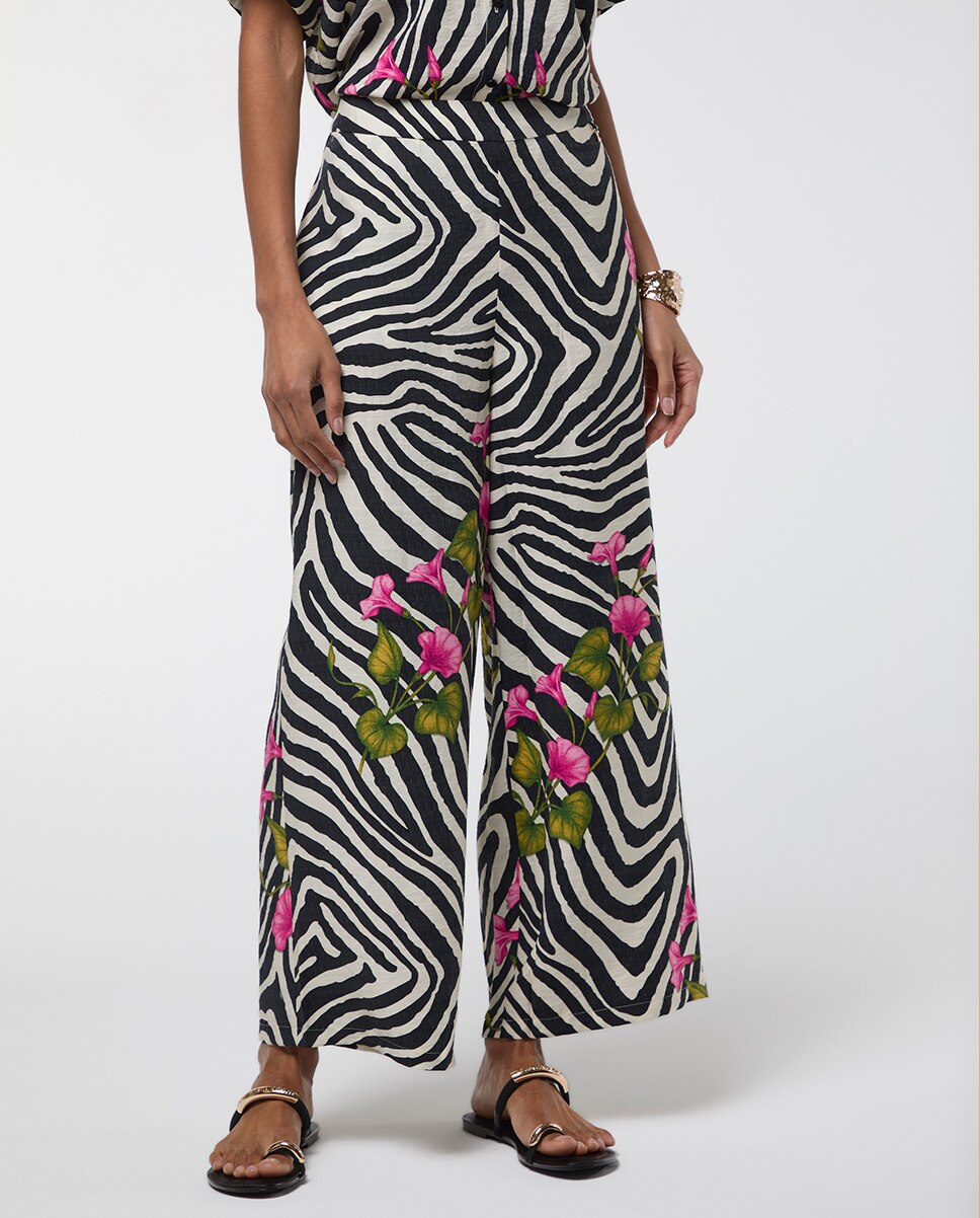 Calças Largas com Print de Zebra e Flor Preto / Branco-2