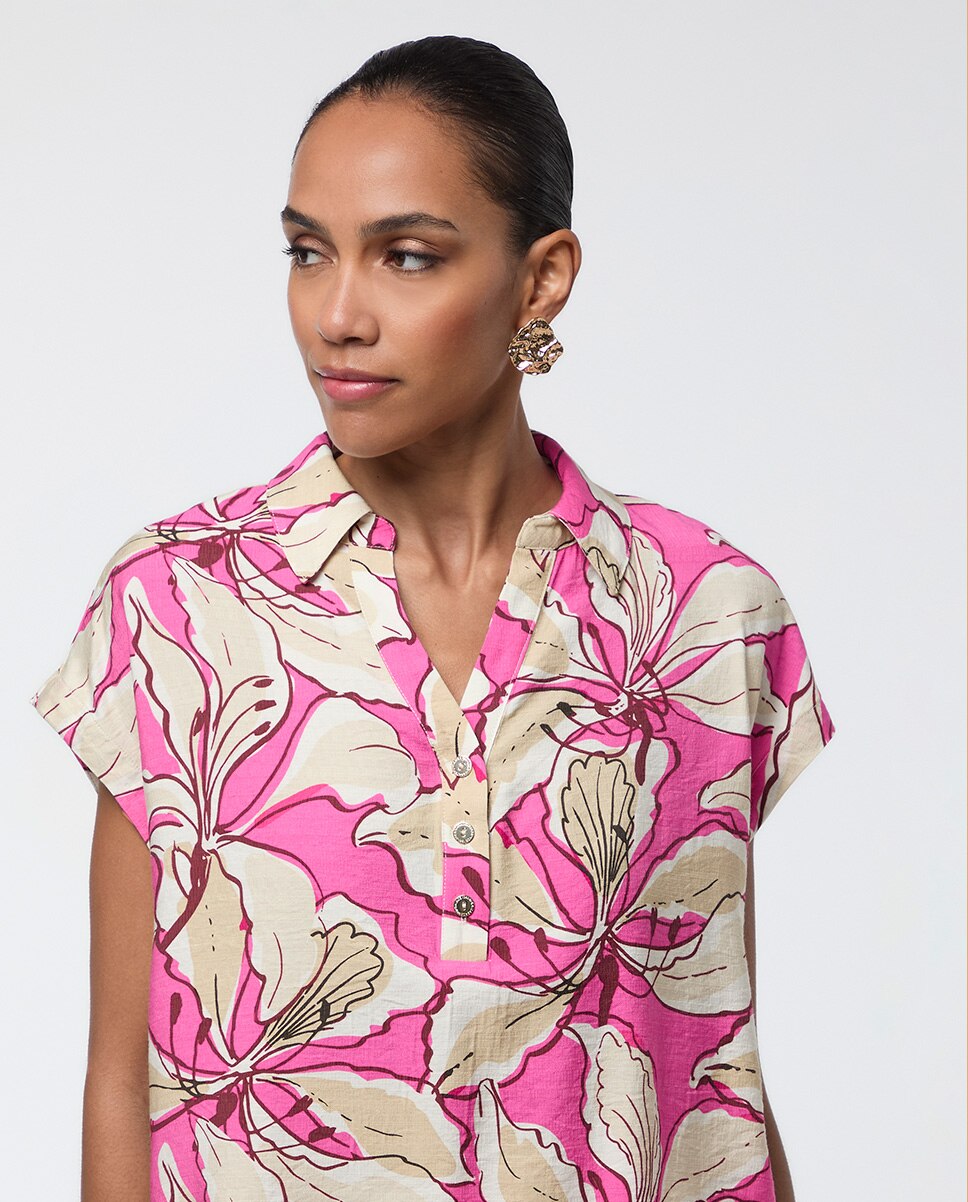 Blusa de Manga Curta com Estampado Floral Rosa-2