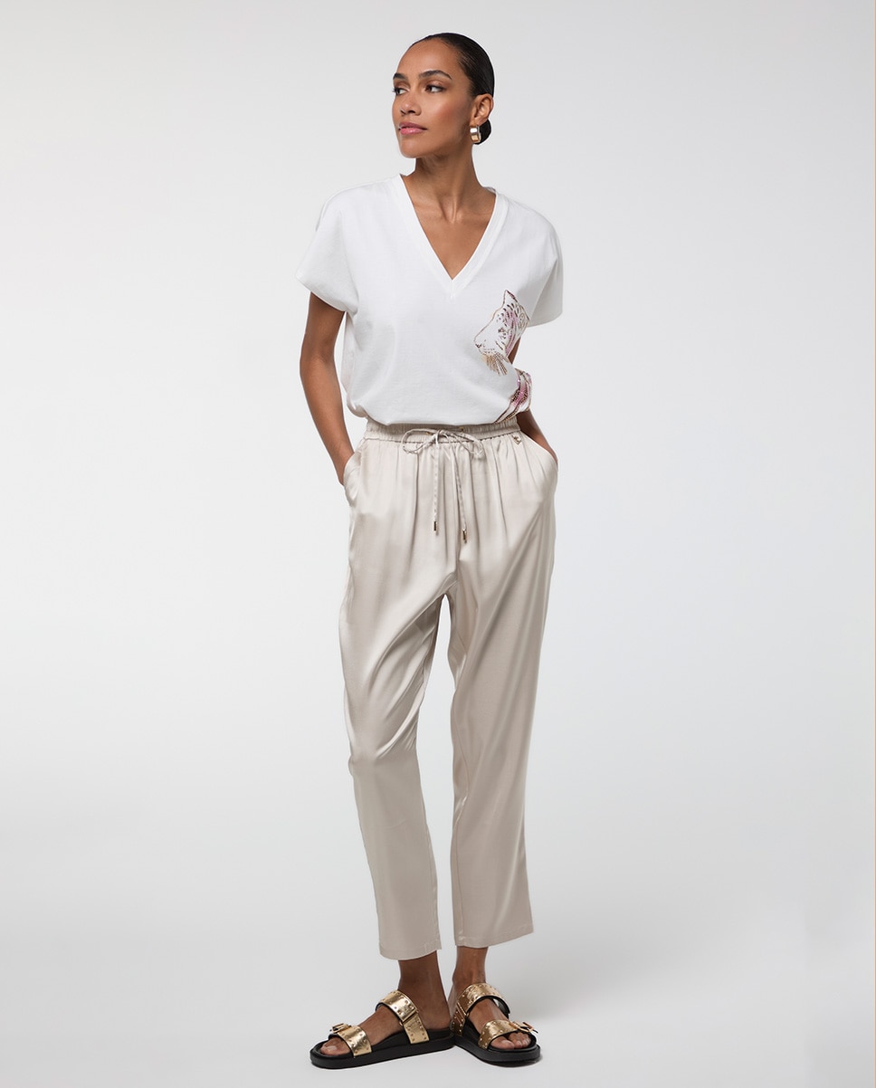 Jogger Acetinado com Cintura Elástica Areia-2