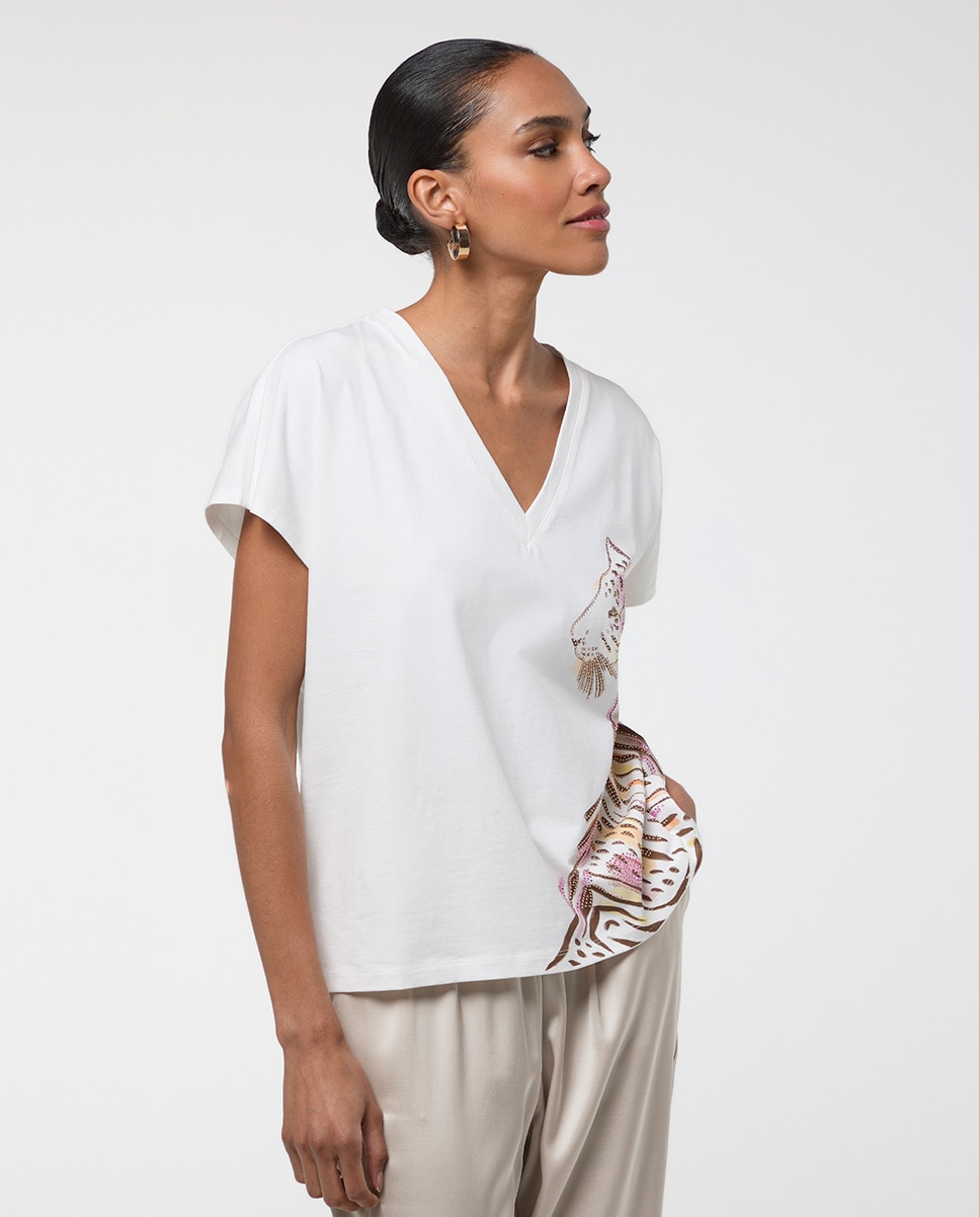 T-shirt com Decote em V e Detalhe Rosto Tigre Branco-2