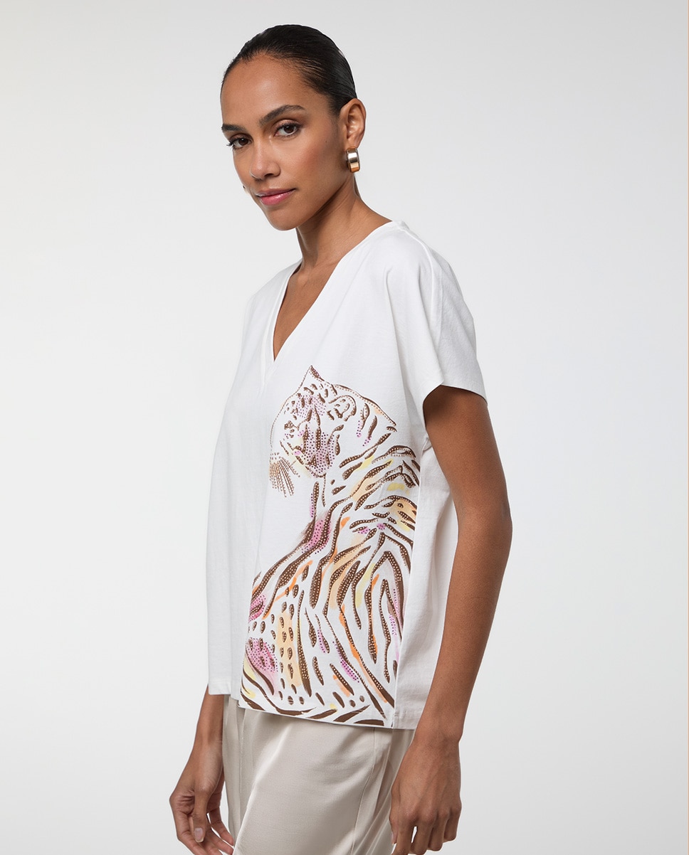 T-shirt com Decote em V e Detalhe Rosto Tigre Branco-3