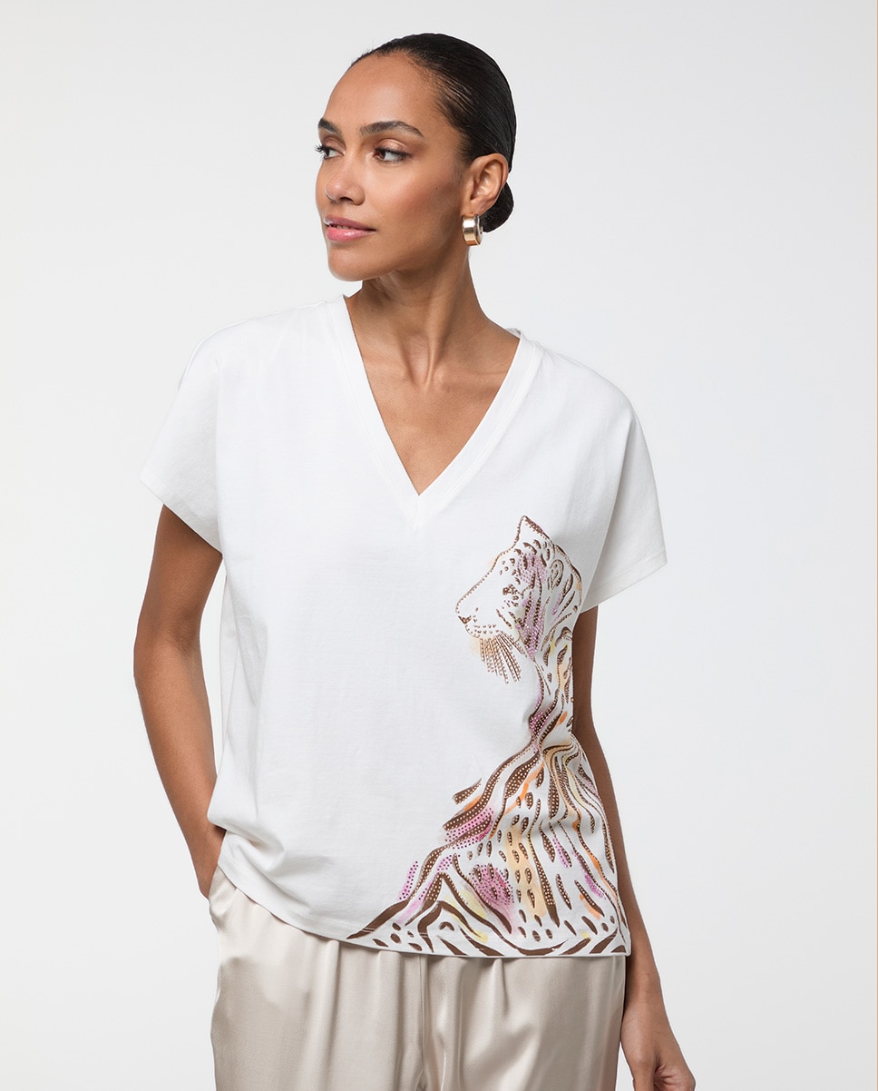 T-shirt com Decote em V e Detalhe Rosto Tigre Branco-4