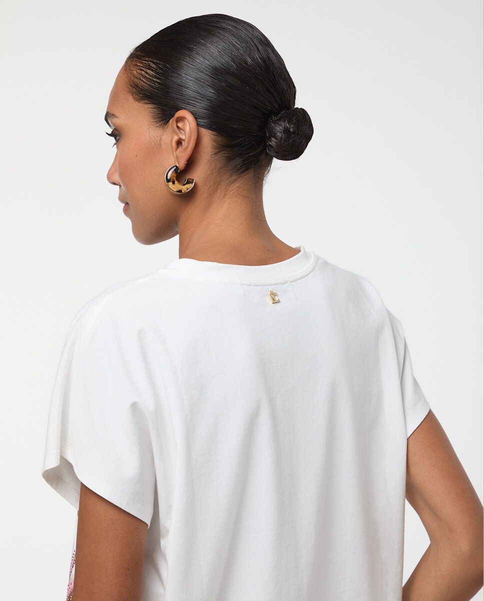 T-shirt com Decote em V e Detalhe Rosto Tigre Branco-5