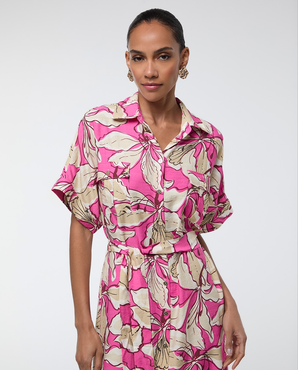 Vestido Midi Tipo Camisa de Manga Curta Estampado Rosa-2