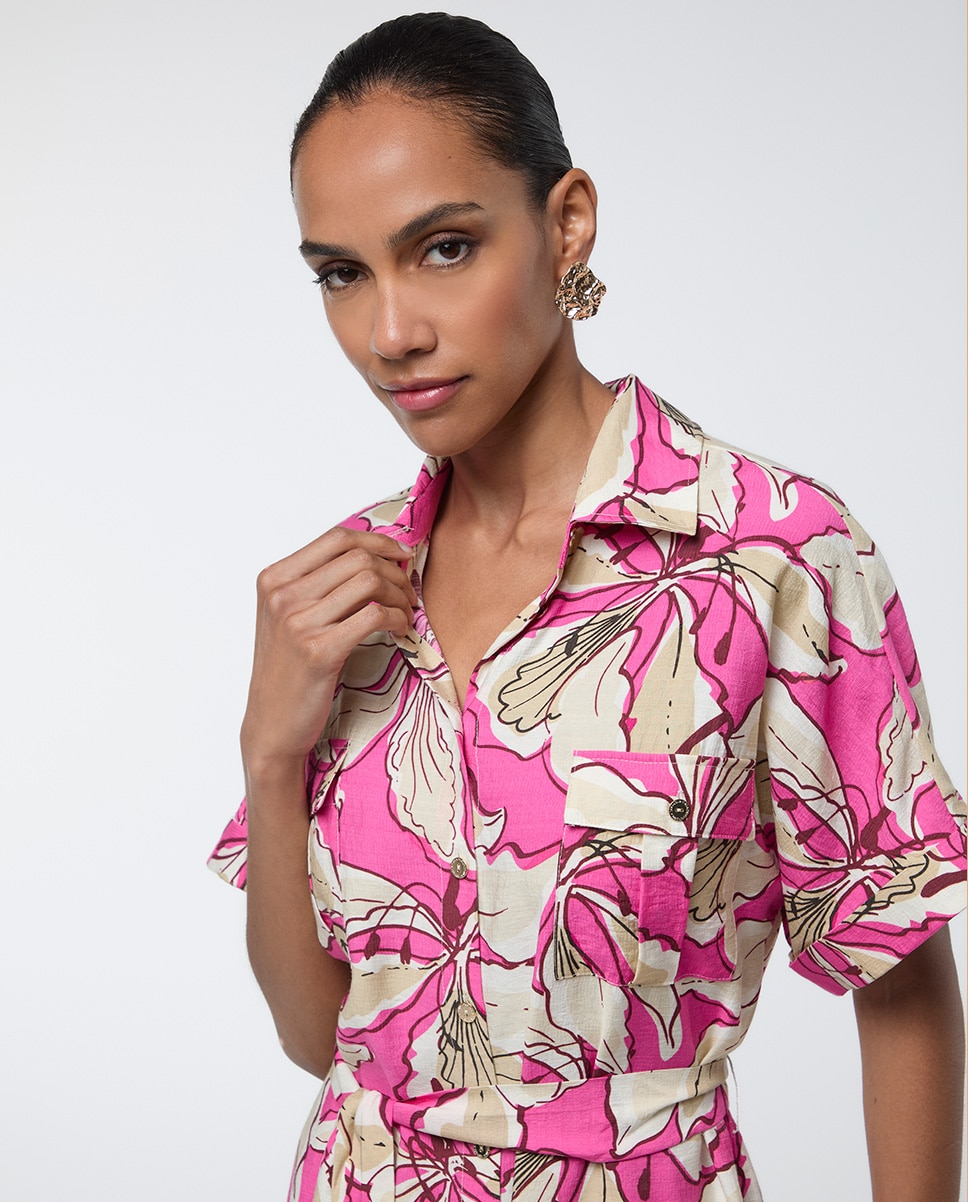 Vestido Midi Tipo Camisa de Manga Curta Estampado Rosa-3