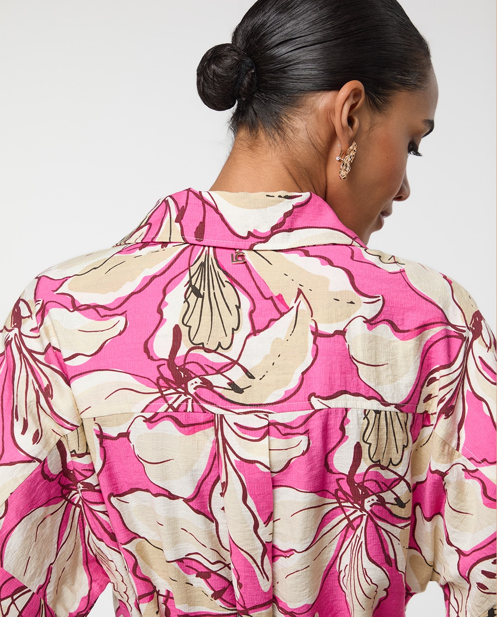 Vestido Midi Tipo Camisa de Manga Curta Estampado Rosa-4