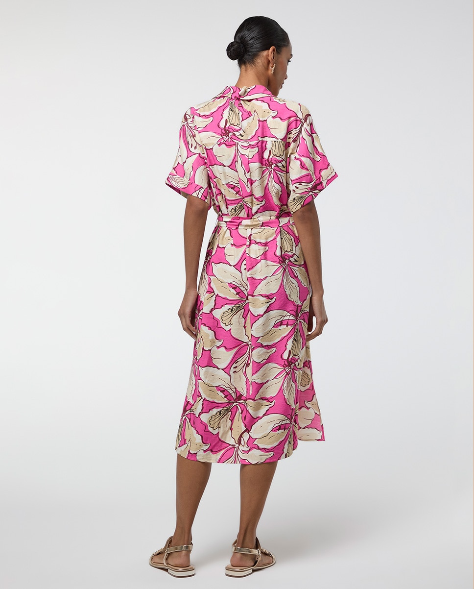 Vestido Midi Tipo Camisa de Manga Curta Estampado Rosa-5