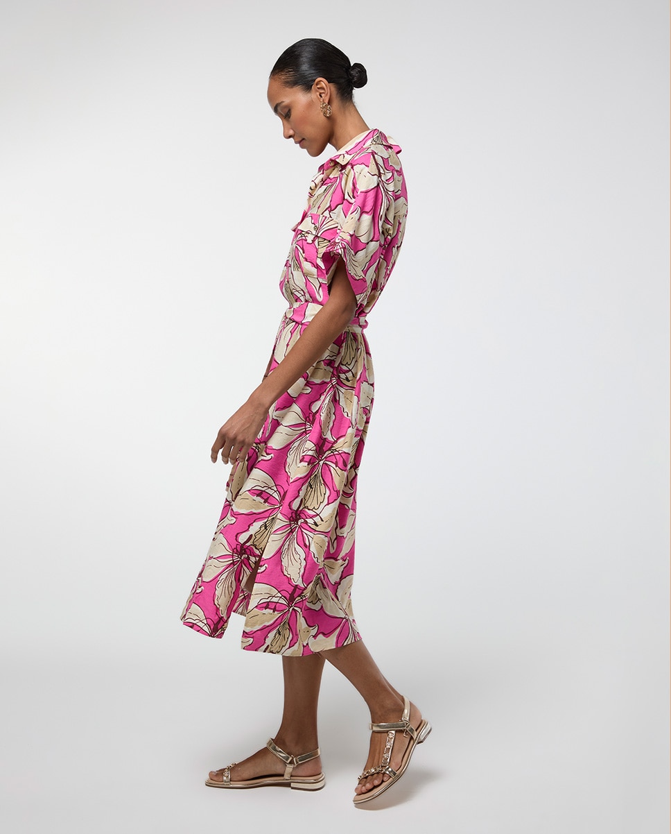 Vestido Midi Tipo Camisa de Manga Curta Estampado Rosa-6