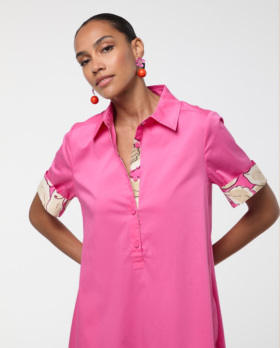 Vestido Curto com Gola Tipo Camisa e Detalhes em Contraste Rosa-2