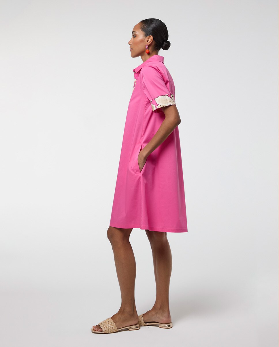 Vestido Curto com Gola Tipo Camisa e Detalhes em Contraste Rosa-3