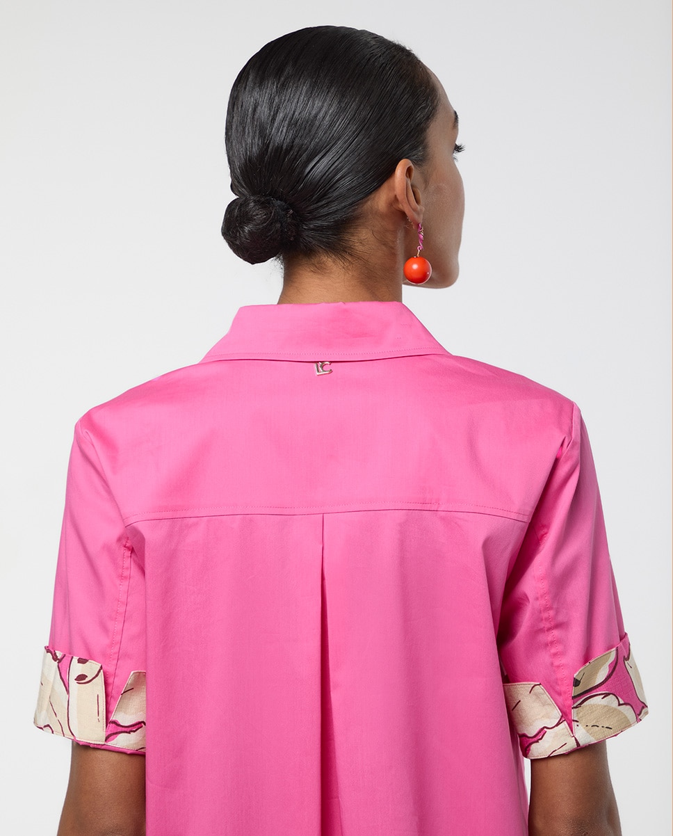 Vestido Curto com Gola Tipo Camisa e Detalhes em Contraste Rosa-4