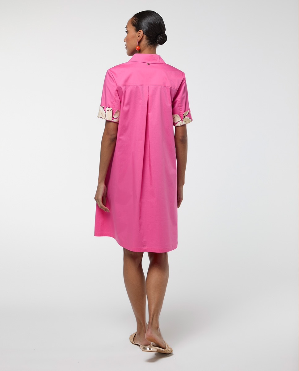 Vestido Curto com Gola Tipo Camisa e Detalhes em Contraste Rosa-5