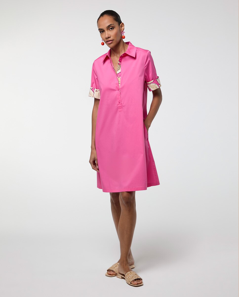Vestido Curto com Gola Tipo Camisa e Detalhes em Contraste Rosa-6