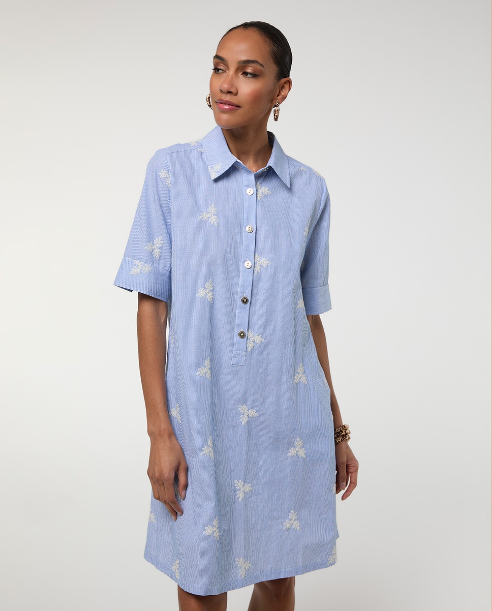 Vestido Curto Às Riscas com Flores Bordadas Azul-celeste-2