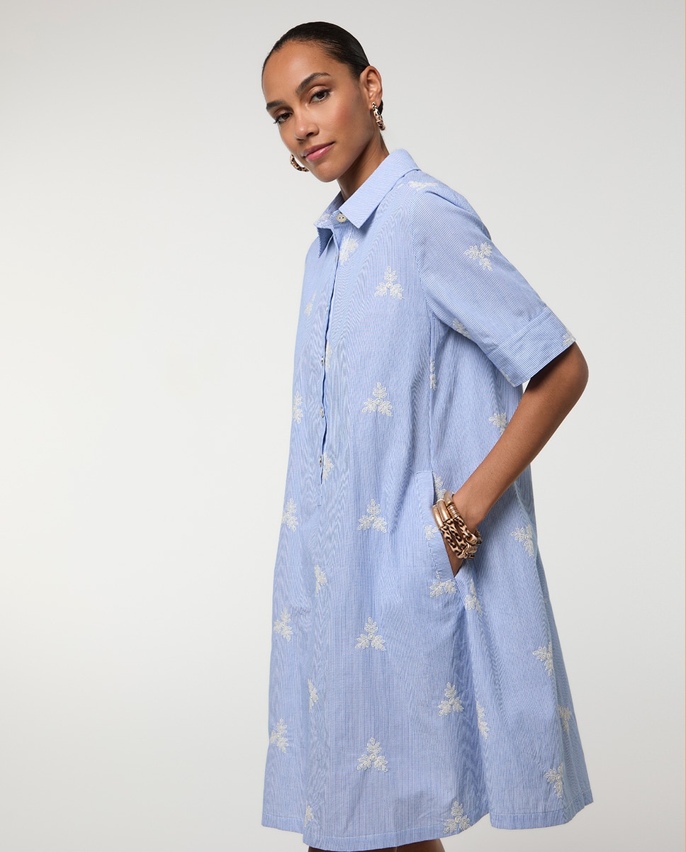 Vestido Curto Às Riscas com Flores Bordadas Azul-celeste-3