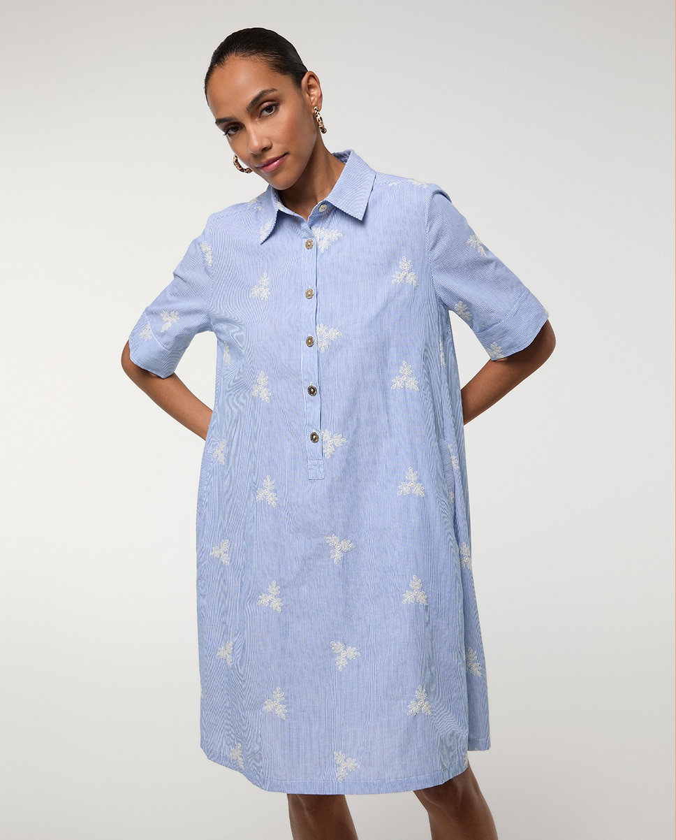 Vestido Curto Às Riscas com Flores Bordadas Azul-celeste-4