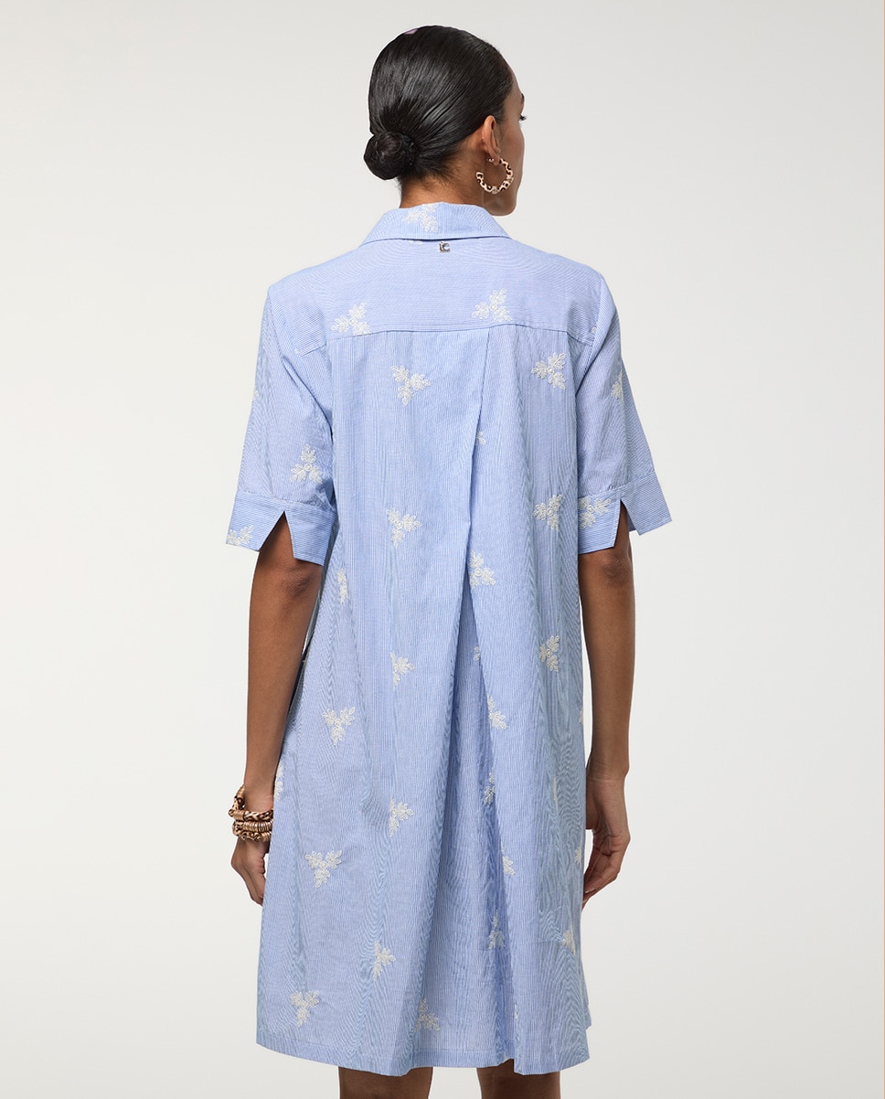 Vestido Curto Às Riscas com Flores Bordadas Azul-celeste-5