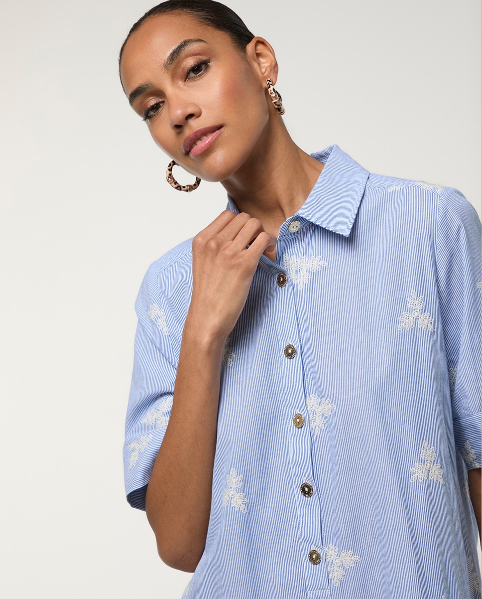 Vestido Curto Às Riscas com Flores Bordadas Azul-celeste-6