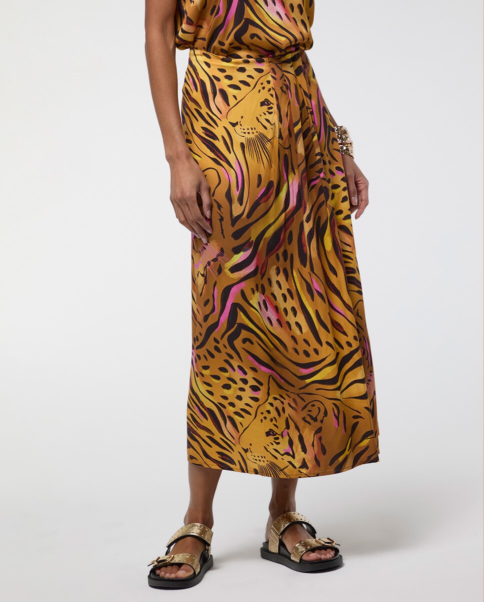 Saia Midi Tipo Pareo Print Tigre Dourado-2