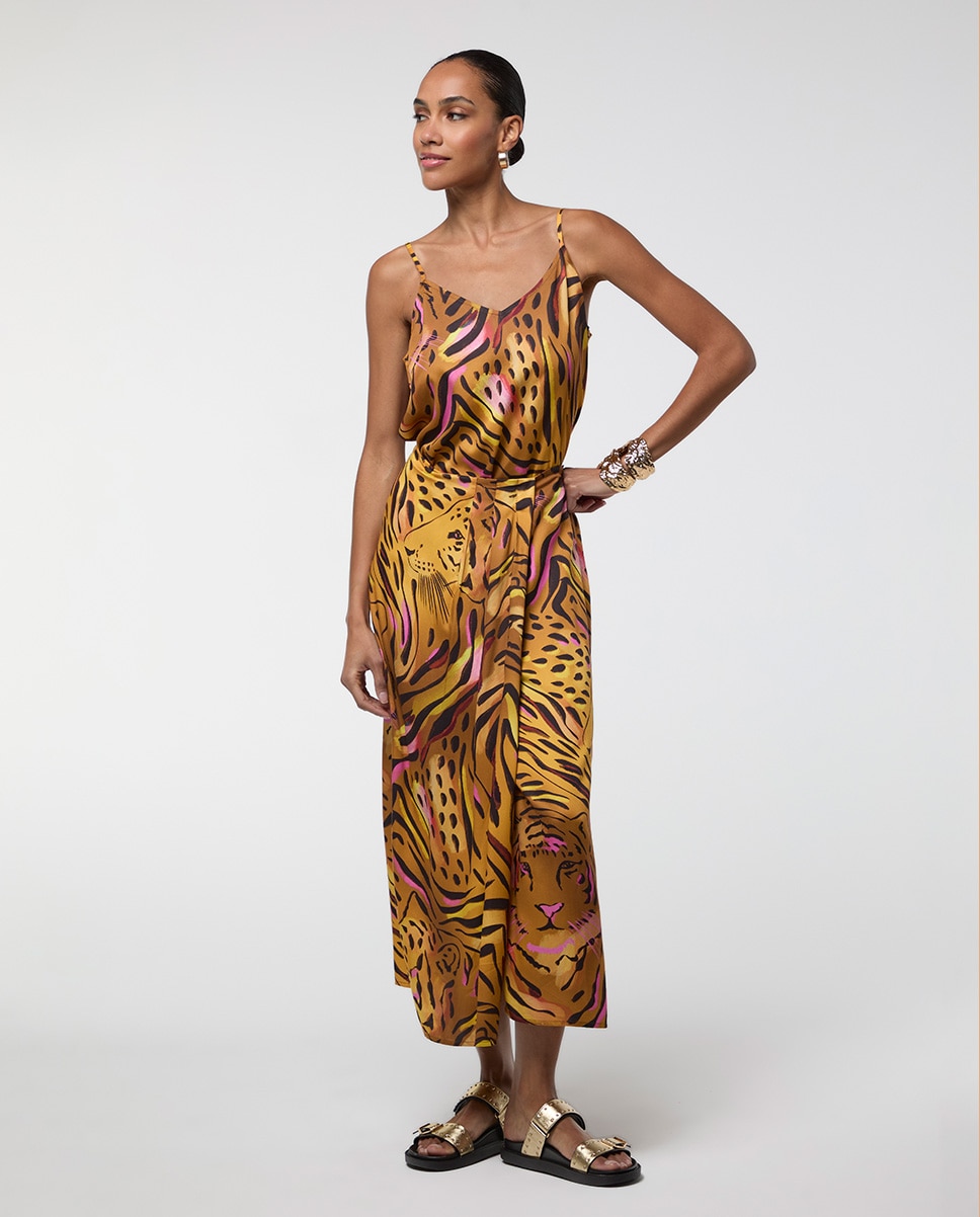 Saia Midi Tipo Pareo Print Tigre Dourado-5