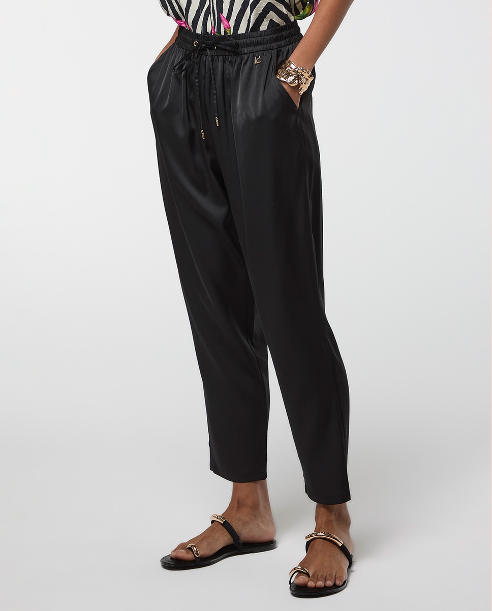Calças Jogger Satinadas com Cintura Elástica Preto-2