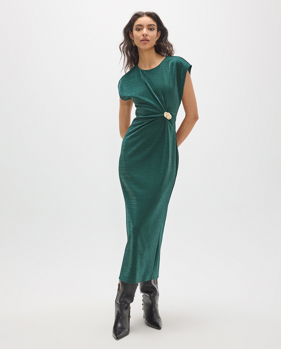 Imagem 0 de Vestido Midi de Malha Roma com Lurex e Peça Dourada no Centro