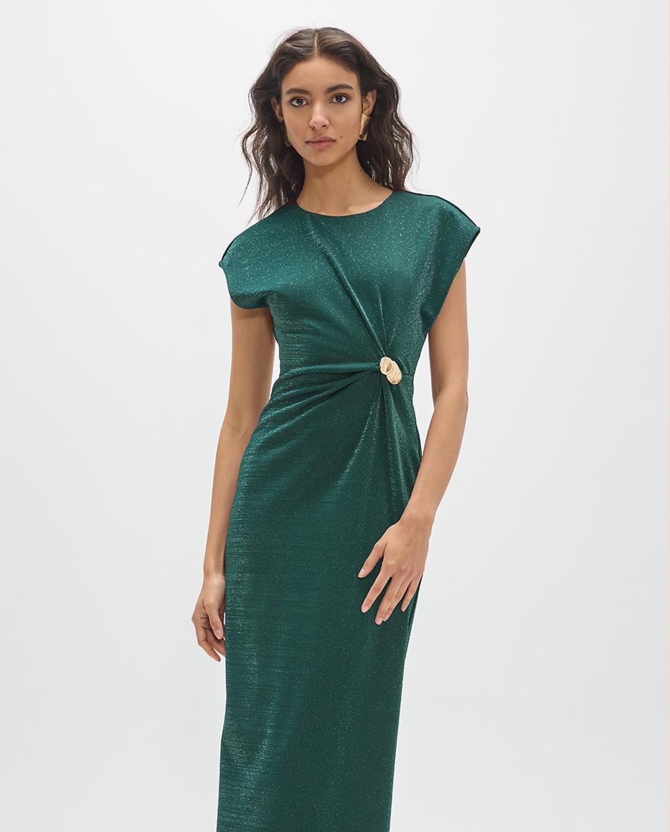 Vestido Midi de Malha Roma com Lurex e Peça Dourada no Centro Verde-2