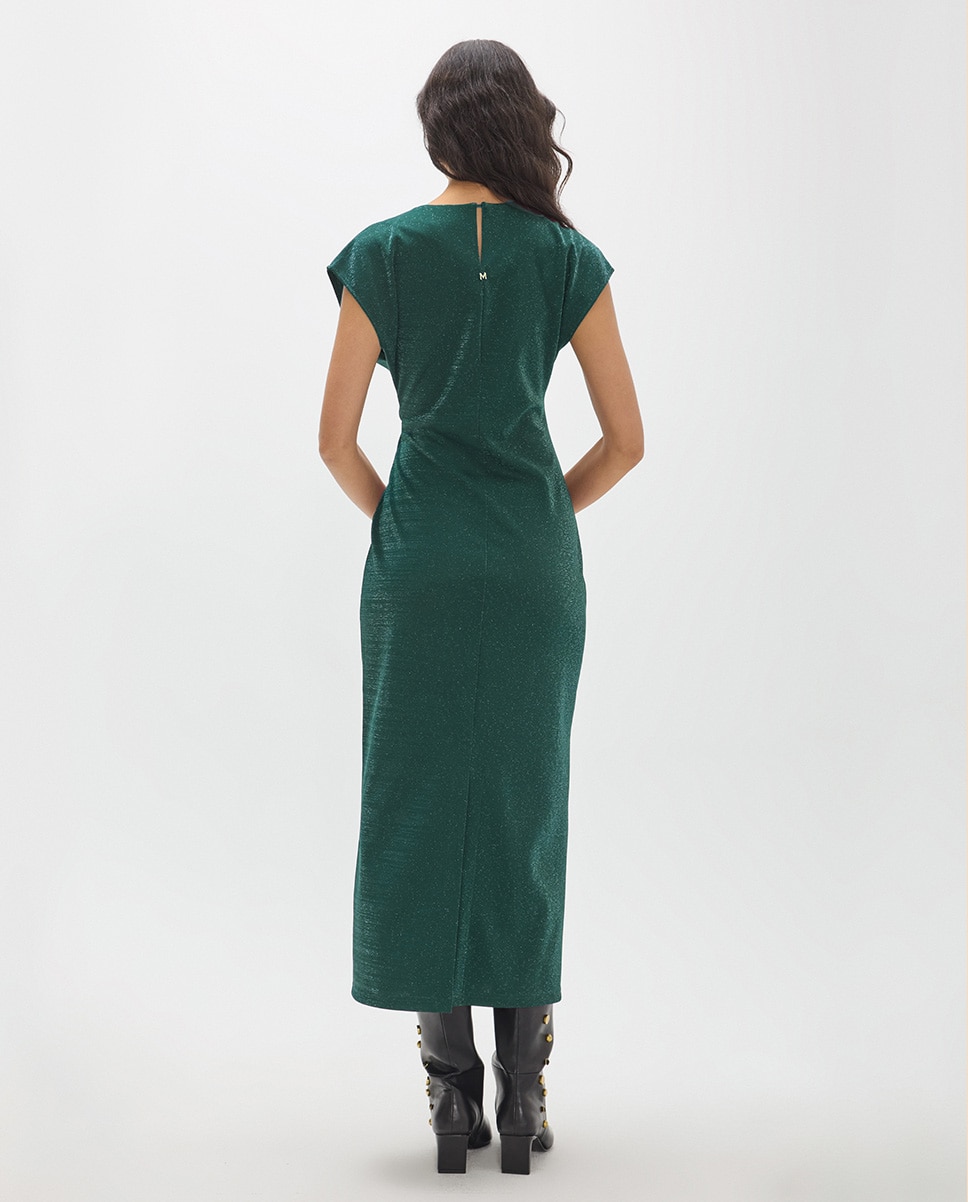 Vestido Midi de Malha Roma com Lurex e Peça Dourada no Centro Verde-3