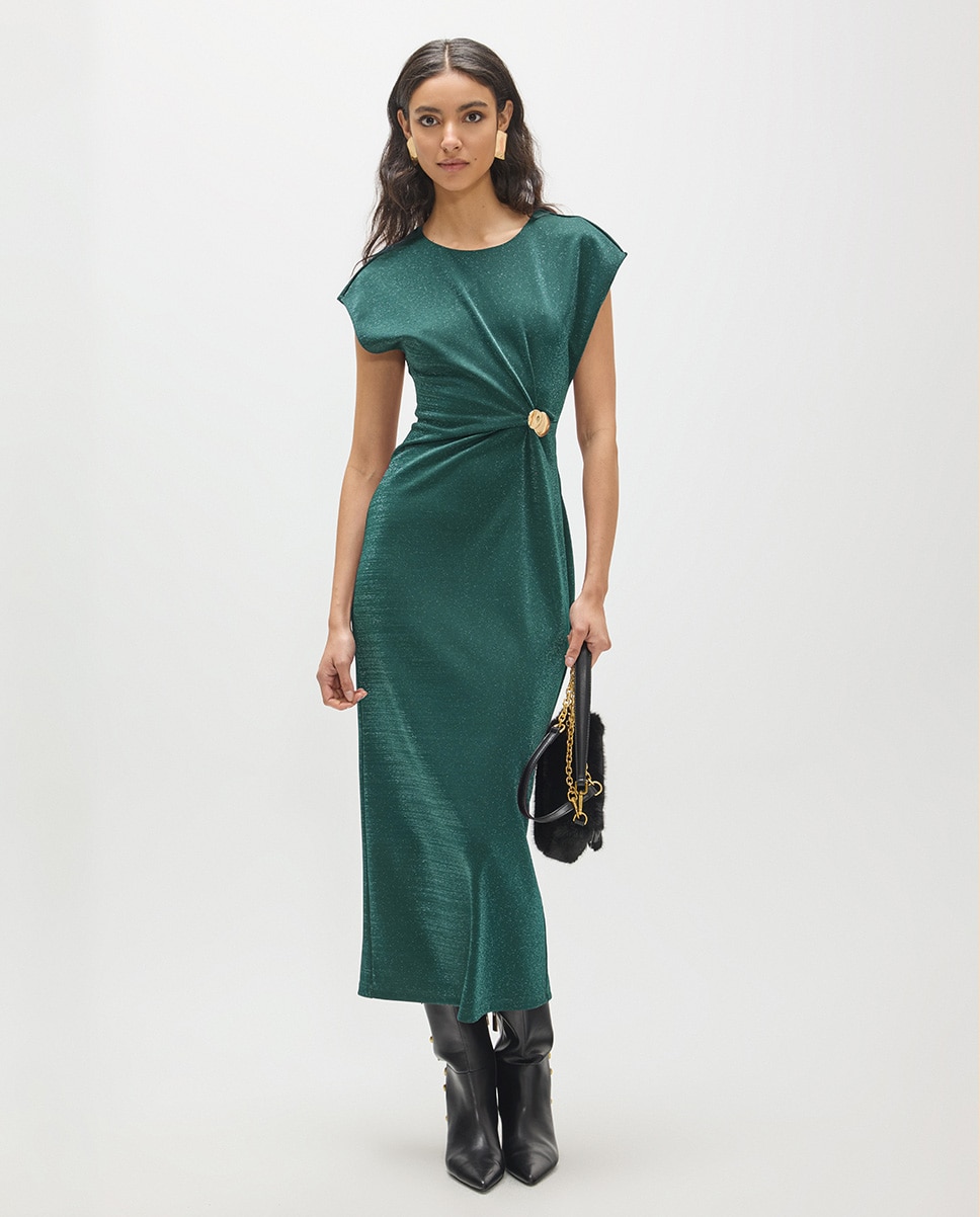 Vestido Midi de Malha Roma com Lurex e Peça Dourada no Centro Verde-4
