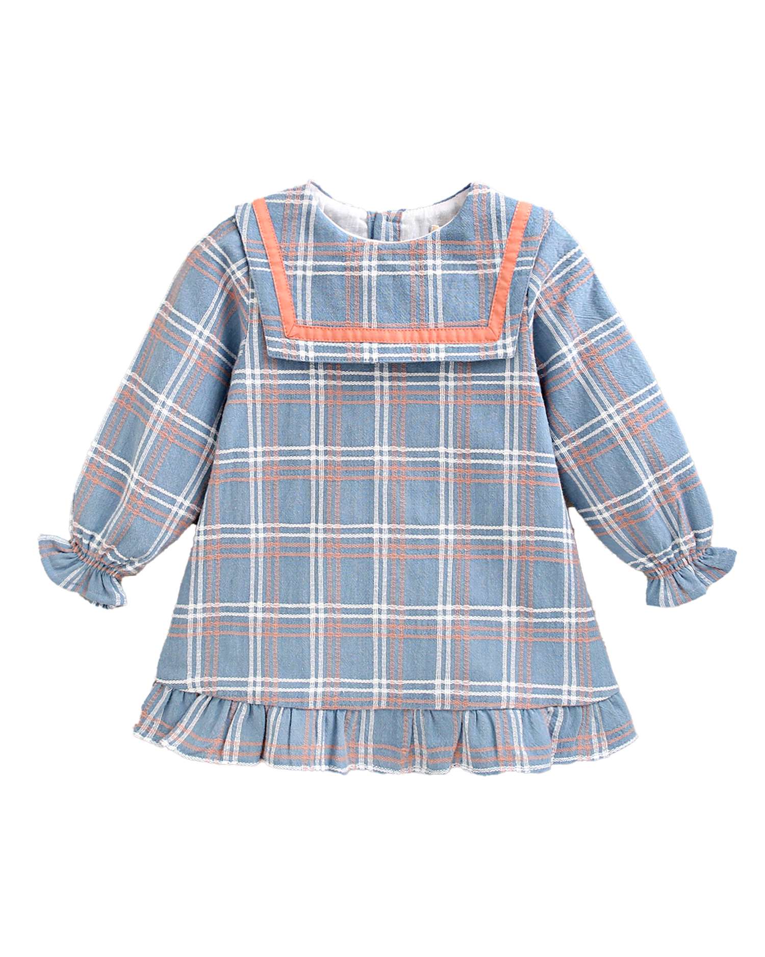 Vestido para Bebé com Detalhe de Laço e Rebordo Azul / Branco-1