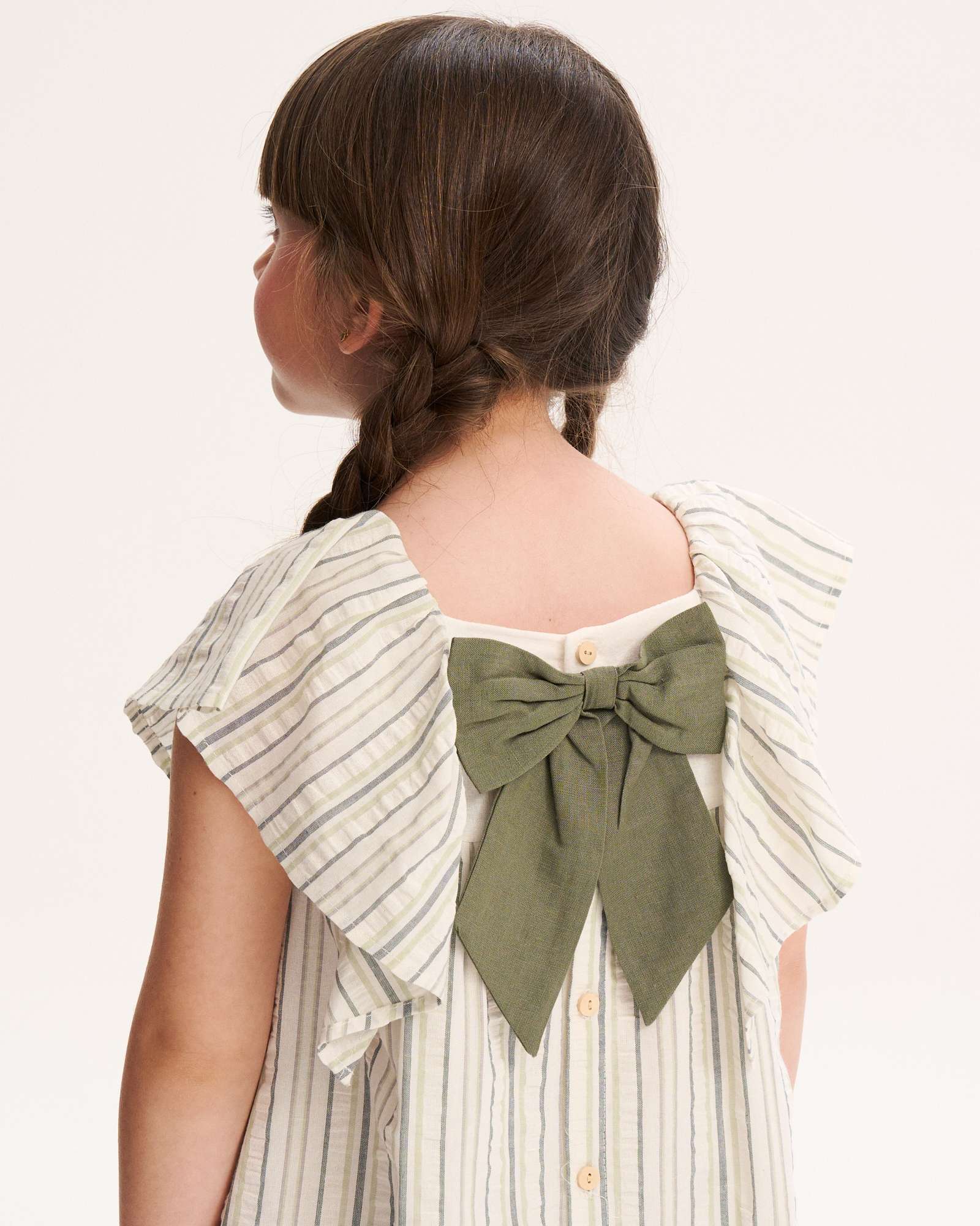 Vestido Infantil Às Riscas com Folho nas Mangas Dadati Natural-3