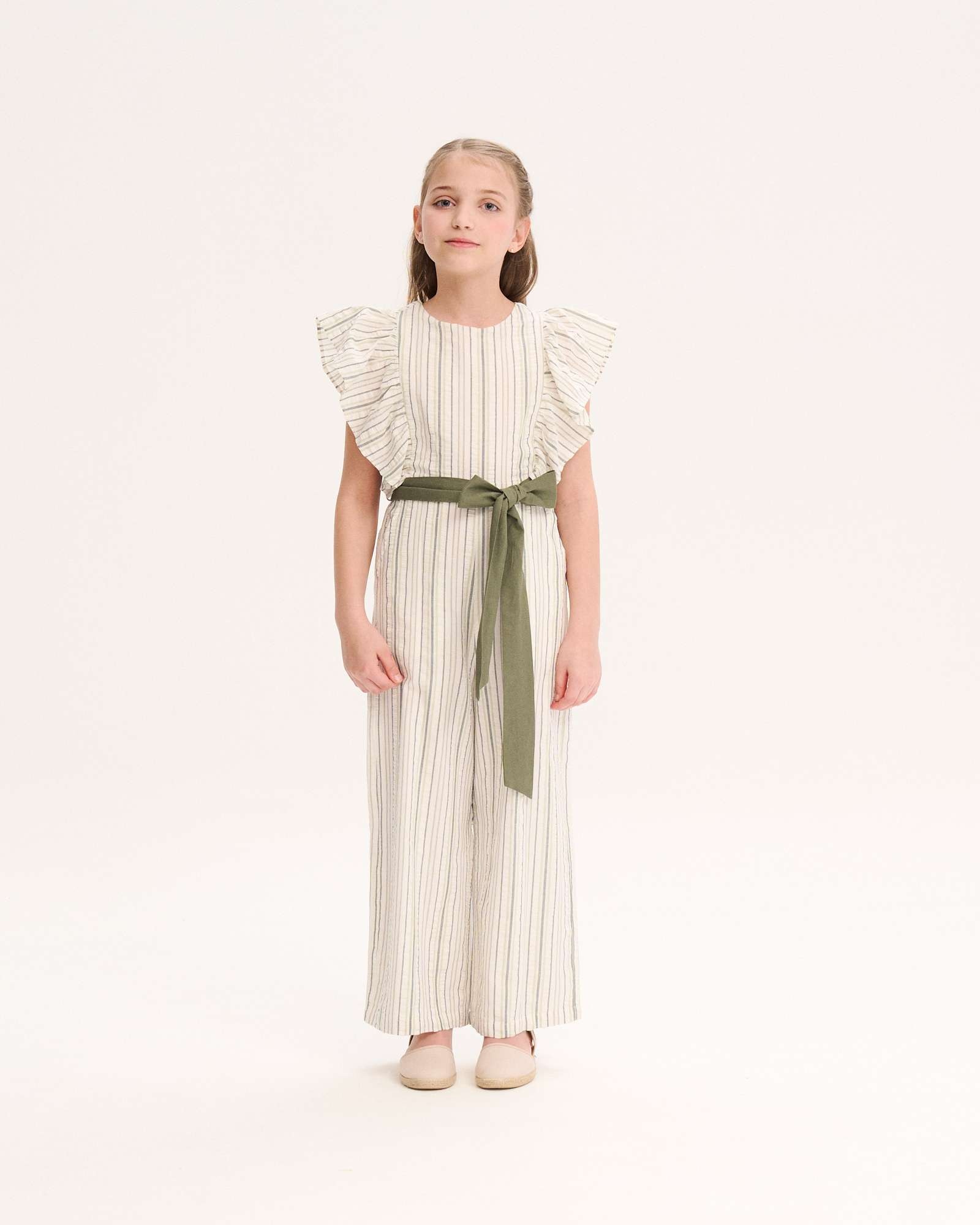 Imagem 0 de Macacão Comprido Às Riscas com Cinto na Cintura