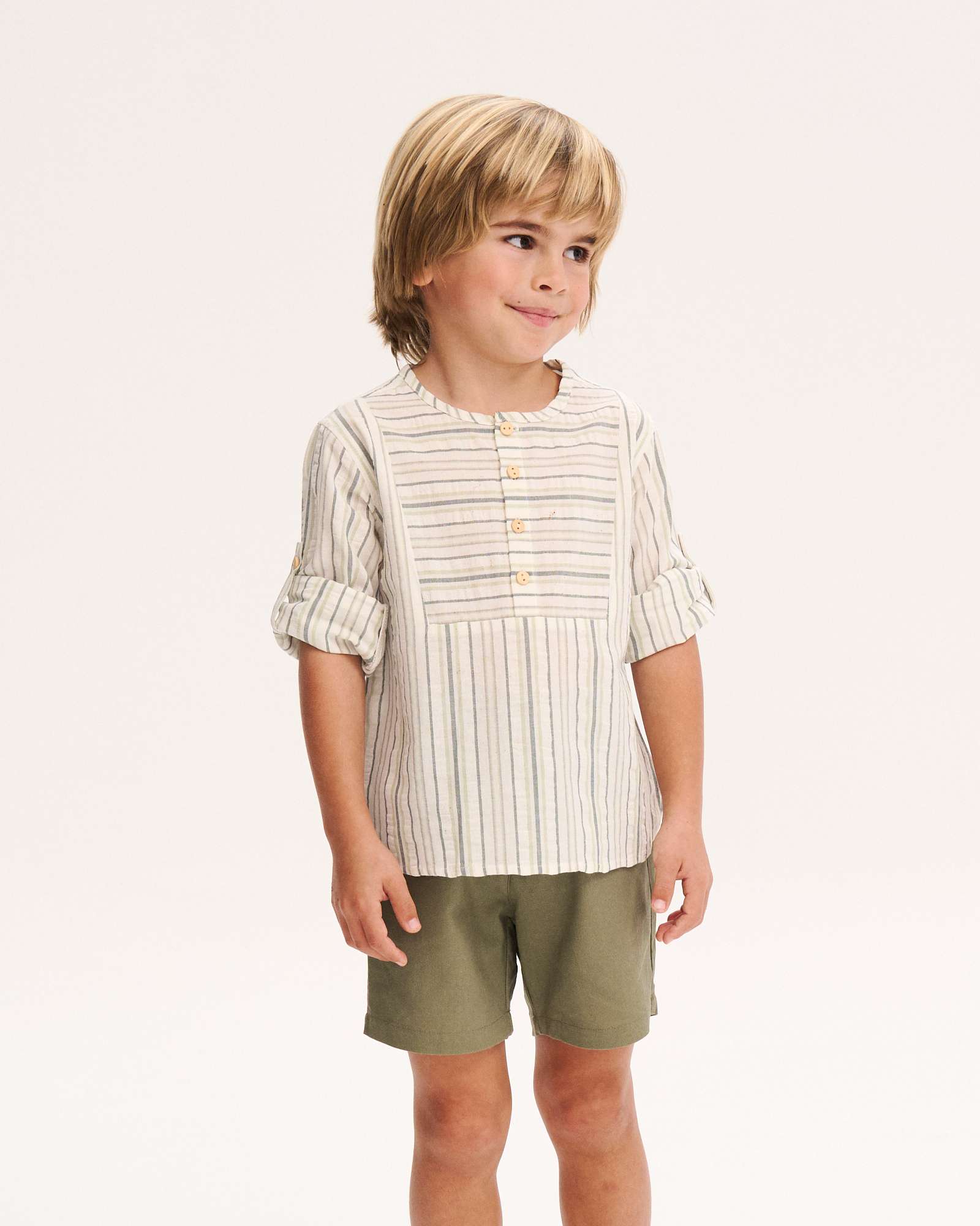 Camisa Infantil Às Riscas e Cinzento com Gola Redonda Dadati Cinzento esverdeado-3