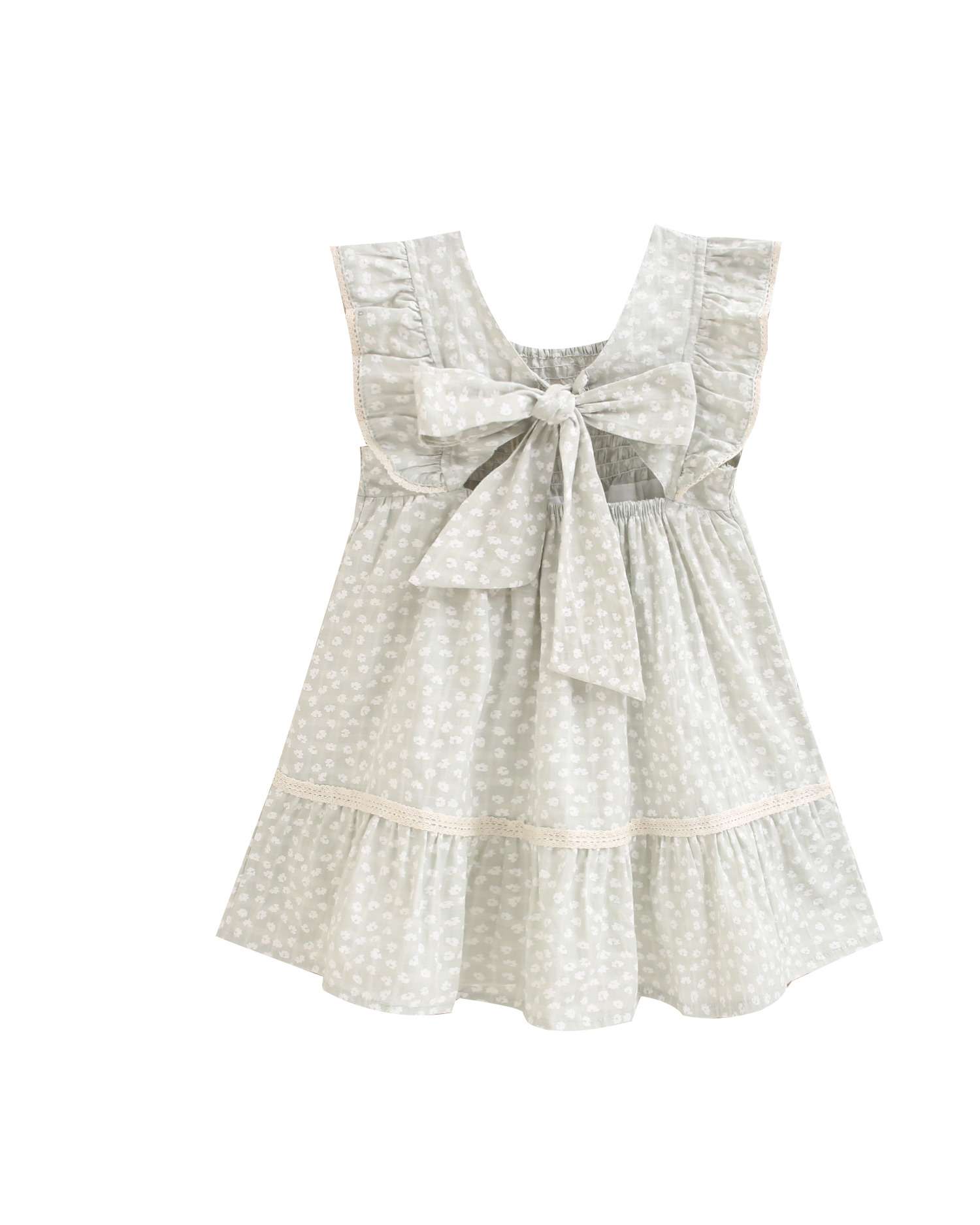 Vestido Infantil de Flores com Ninho de Abelha na Peixeira Verde-claro-5