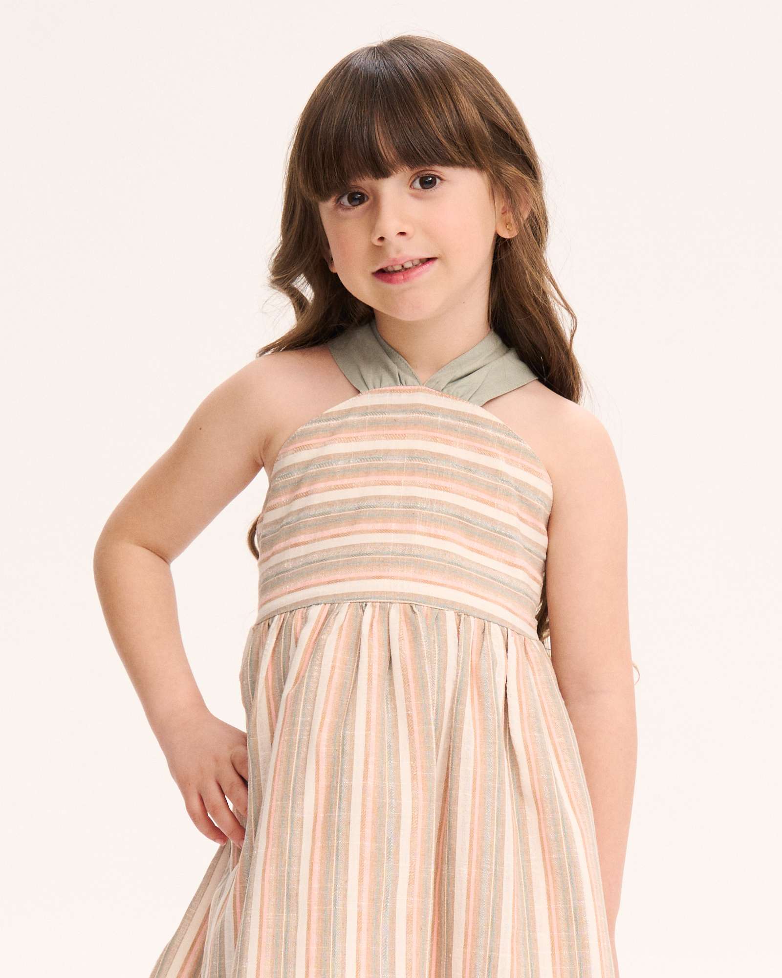Vestido Infantil Às Riscas com Alça Atada na Gola Multicolor-3
